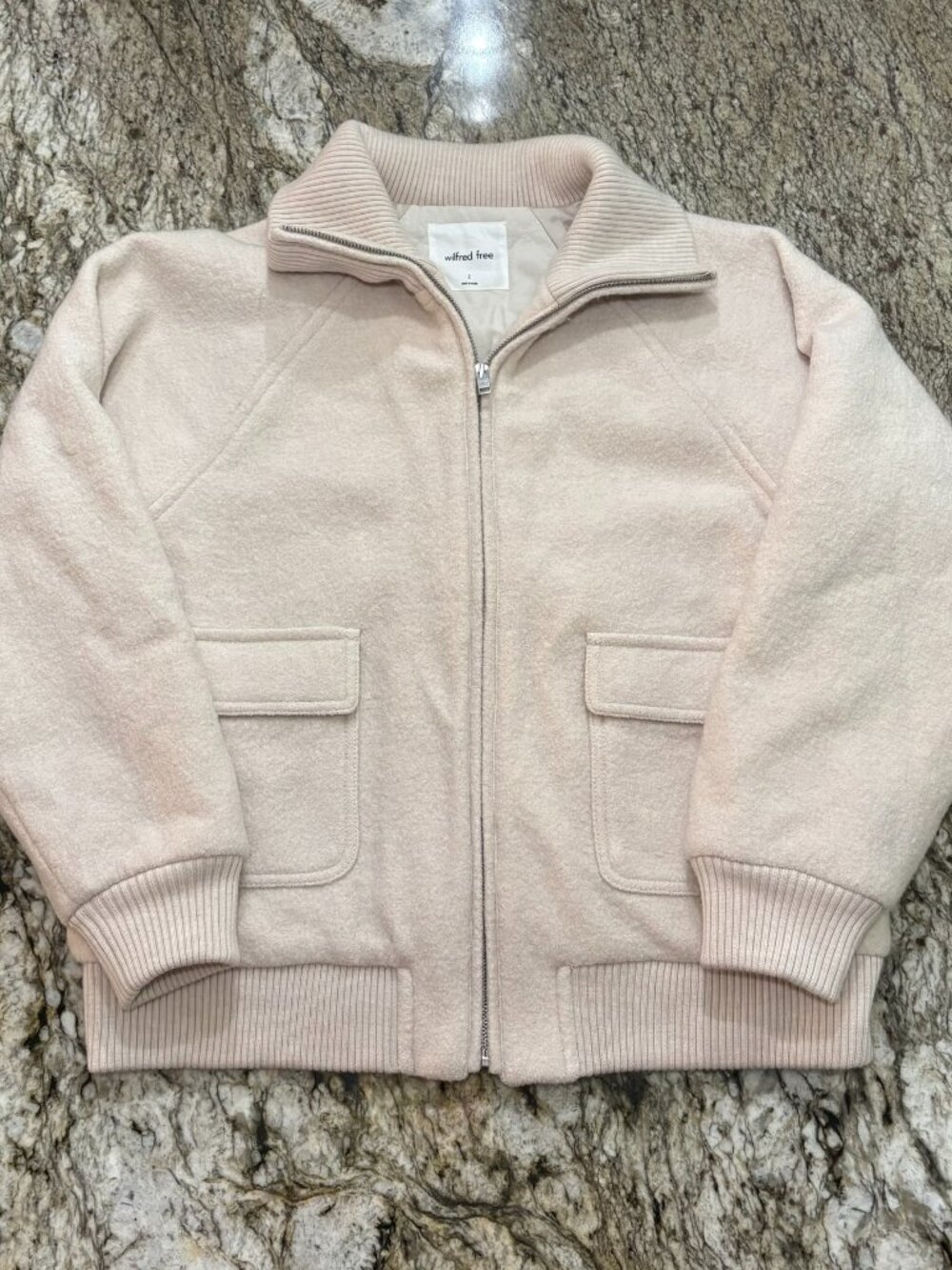 Aritzia Wilfred Free Wool Blend Bomber Jacket Cream Rib Knit Zip Up